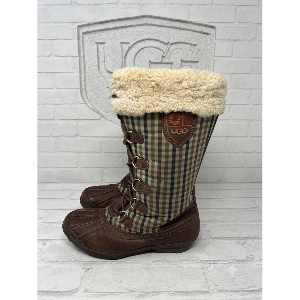 UGG Australia Adirondack Tall Plaid Snow Boots Brown Leather Sheepskin 10